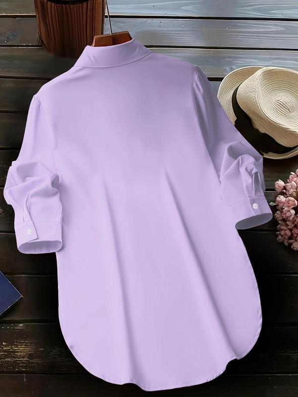 Plus Size Plain Button Front Split Hem Blouse, Casual Long Sleeve Fake Pocket Collared Top for Daily Wear, Women's Plus Clothing for All Seasons, Elegant Plus Size, Shirtswomen 8