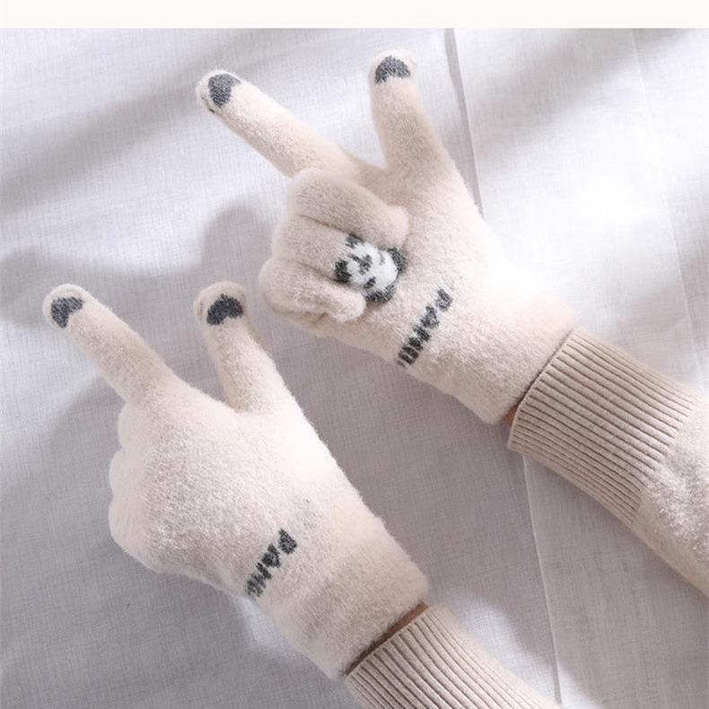 Product Introduction of Kawaii Touchscreen Winter Gloves‌ – 5-Finger Knitted Design with Thermal Fleece Lining, Waterproof TPU Thumb Patch & Reflective Stripes (Bike Riding Approved) ‌ 5