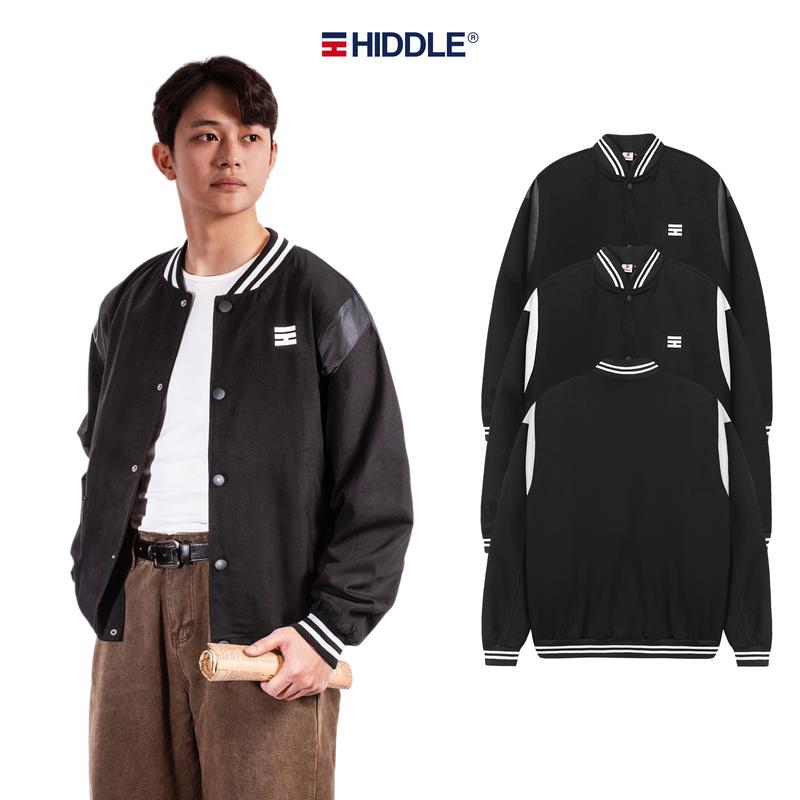  Áo khoác nam bomber Varsity vải kaki nút bấm có túi trong đựng đồ tay phối da HIDDLE  Trắng Đen  | H05-AK2 