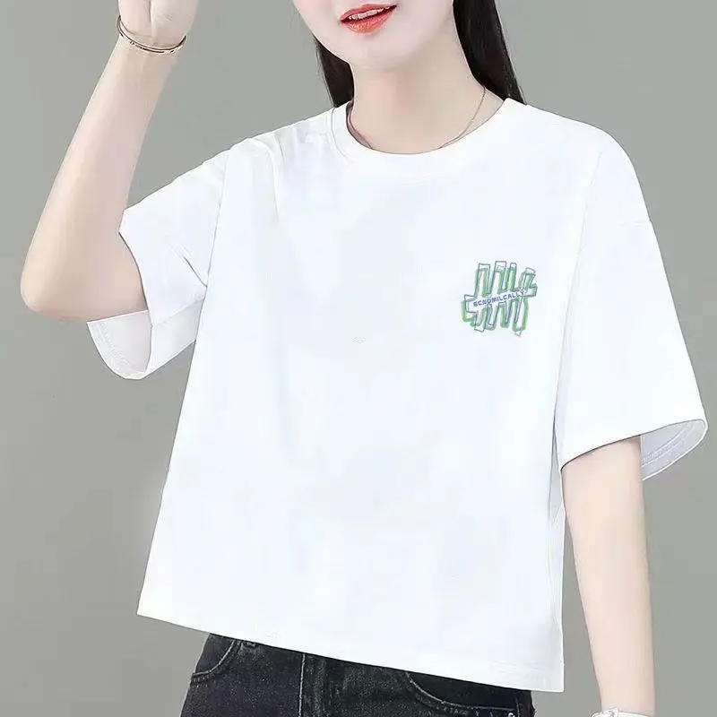 Áo Thun Ngắn, 100% Cotton, Dành Cho Nữ, Phong Cách Hàn Quốc, Dáng Rộng Vừa Vặn, Thiết Kế Ngủ Ngắn, Hàng Mới Về 2024, Áo Thun Cạp Cao 6