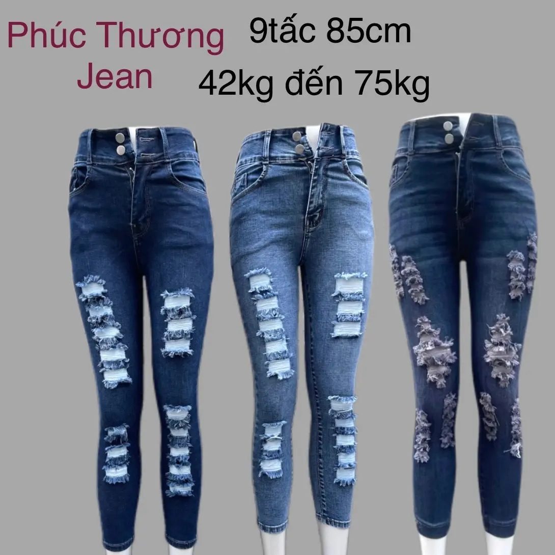 L07 Quần Jean Nữ 9 Tấc Cào rách thiết kế Đường Sọc Size 27 đến 35 Lưng Cao 1-2 Nút Co Giãn Thoải Mái Pants Demin Women quan  jeanom quần big
