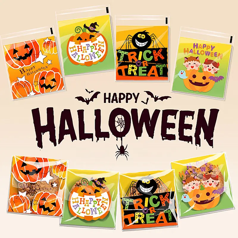 [ADH]100Pcs Happy Halloween Candy Bag Gift Cookie Bags Biscuits ...