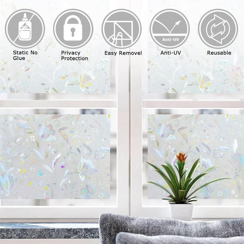 Tulip Pattern Window Film, 1 Roll Decorative Window Privacy Film, 3D Stained Glass Window Sticker, Anti-UV Sun Blocker Heat Control for Home, Ornaments 2