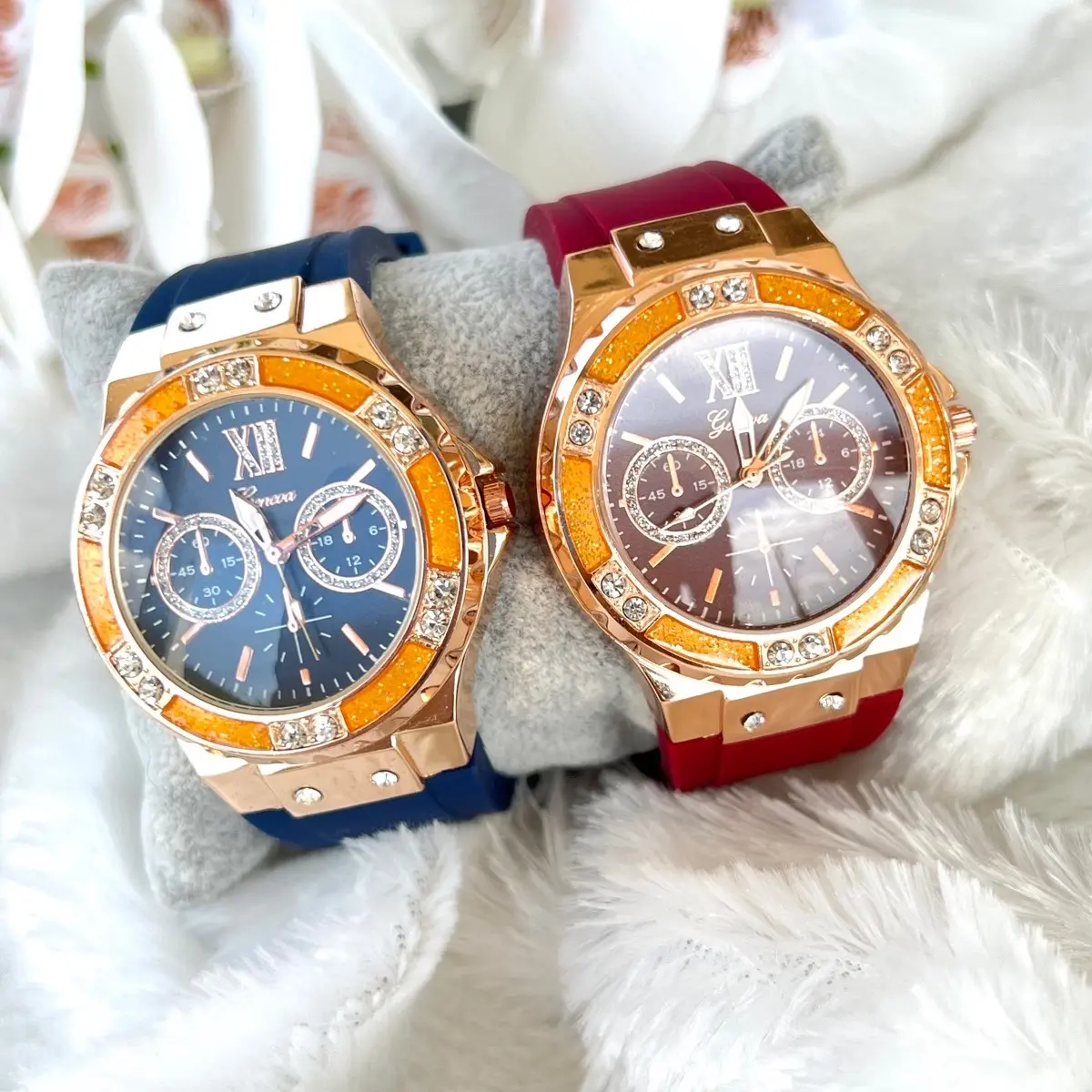 นาฬิกาข้อมือผู้หญิง GENEVA หน้าปัดเลขโรมันขอบเพชรคริสตัล สายซิลิโคน (G49)