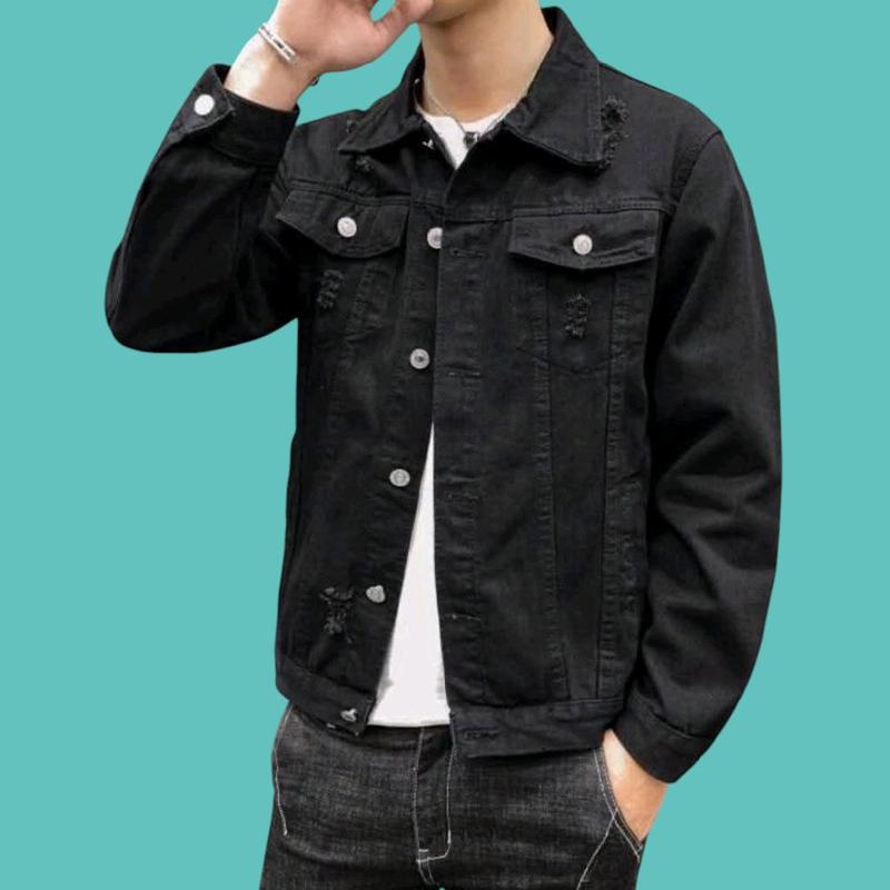 Đen rách Áo khoác jean nam màu đen rách đen trơn 2 màu cực hot 40 85Kg Menswear Jacket Có Cổ Có Túi Menswear Jacket