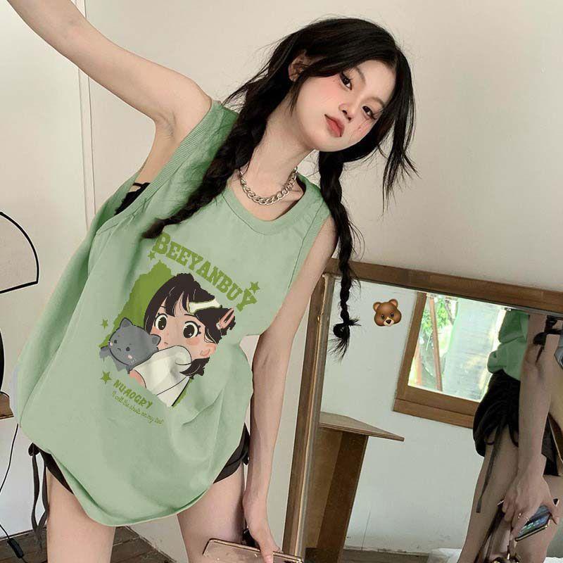 Product Introduction of Dopamine Wear Green Sleeveless T-shirt Women's Summer Korean Casual Fashion Vest Thin Long Waistcoat Ins 9