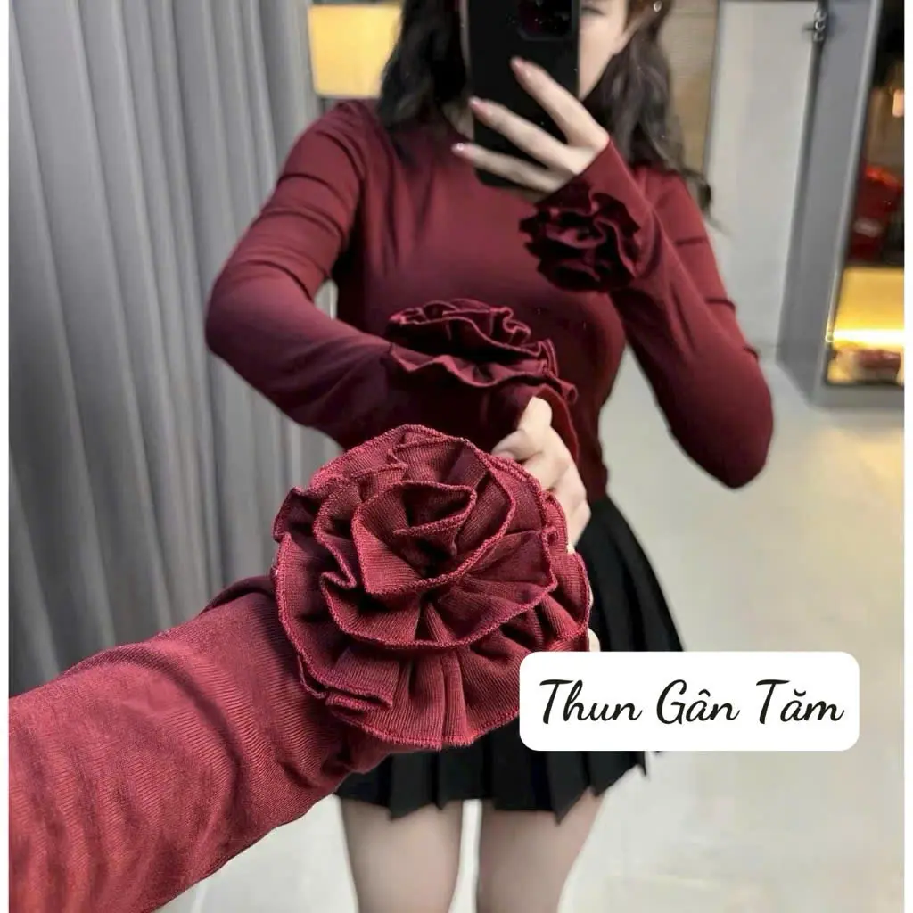 Áo Kiểu Thun Gân Tăm Nữ Tay Dài Thiết Kế Đính Hoa Tay Sang Chảnh Co Giãn 4 Chiều  Bigsize 45-90kg Top Women Nữ Shirt aochay  pho Cổ Tròn Voan Sơ Mi