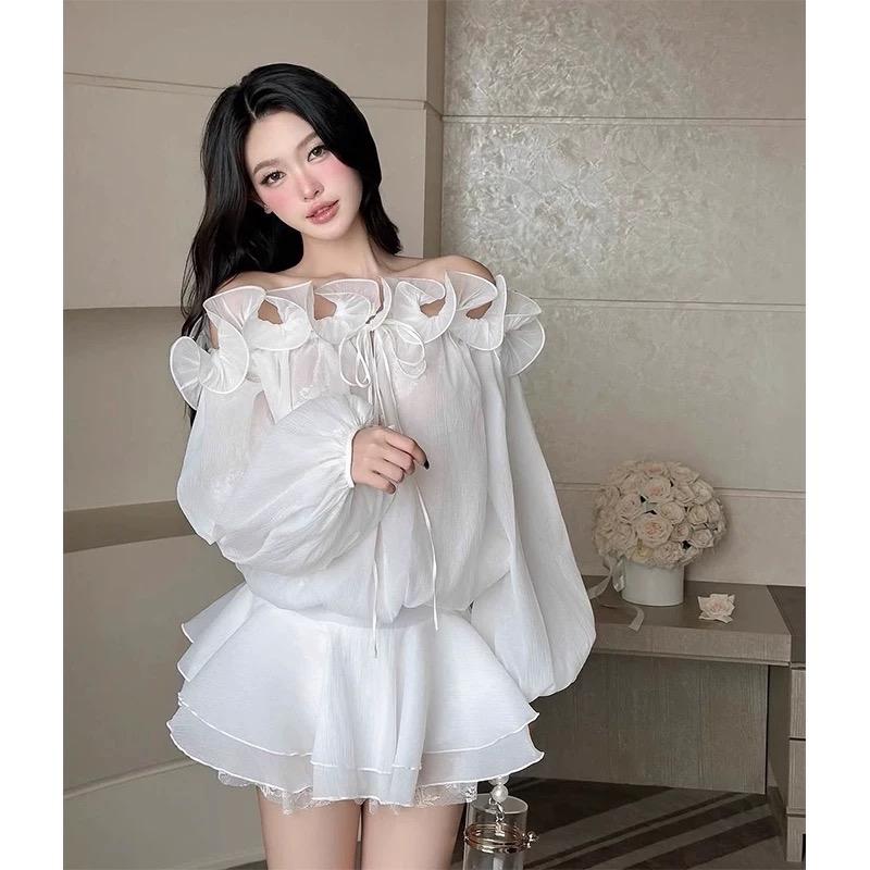 Đầm Váy trễ vai cổ bèo tay bồng 3 lớp phối ren chất tơ mềm thiết kế sang chảnh dành cho Nữ Women đi chơi, đi tiệc dễ mix đồ by Mixiz House