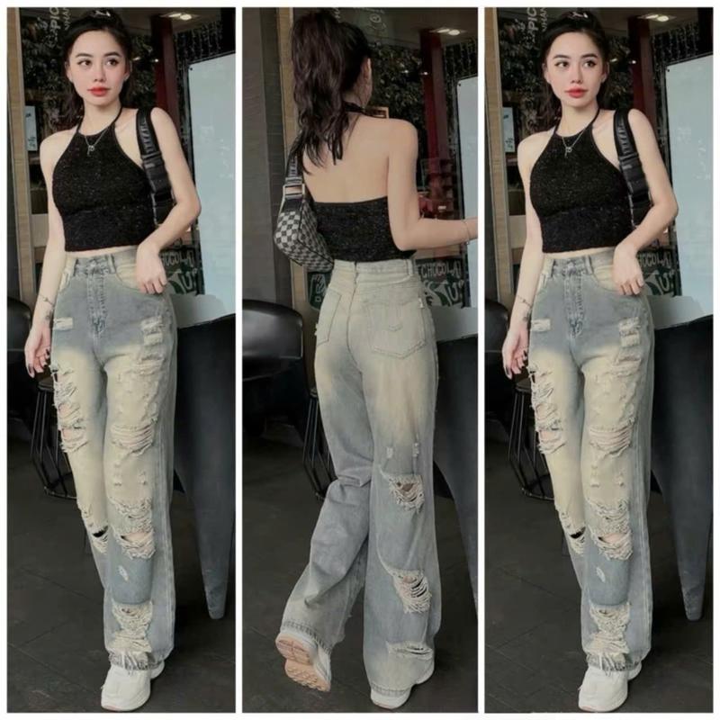 Quần baggy Jean nữ ống rộng lưng cao Wash rách tua tua trước sau - Quần jean nữ ống suông rách kiểu màu phủ dơ nhẹ chất jean mềm TH5348