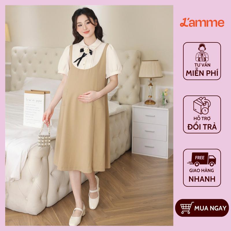 [L'AMME] Váy bầu đầm bầu CLOVER thiết kế phối cổ giả yếm màu kem chất liệu chéo hàn mềm mại kiểu dáng sang trọng, thanh lịch phù hợp mẹ bầu đi tiệc, đi làm, đi chơi Lamme BE HAPPY . BE MOMMY