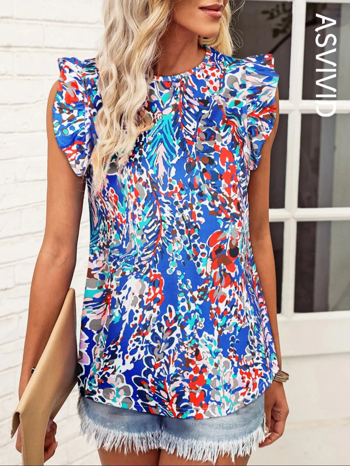 Women's All Over Print Ruffle Trim Blouse, Casual Round Neck Sleeveless Top for Summer, Ladies Clothes for Daily Wear