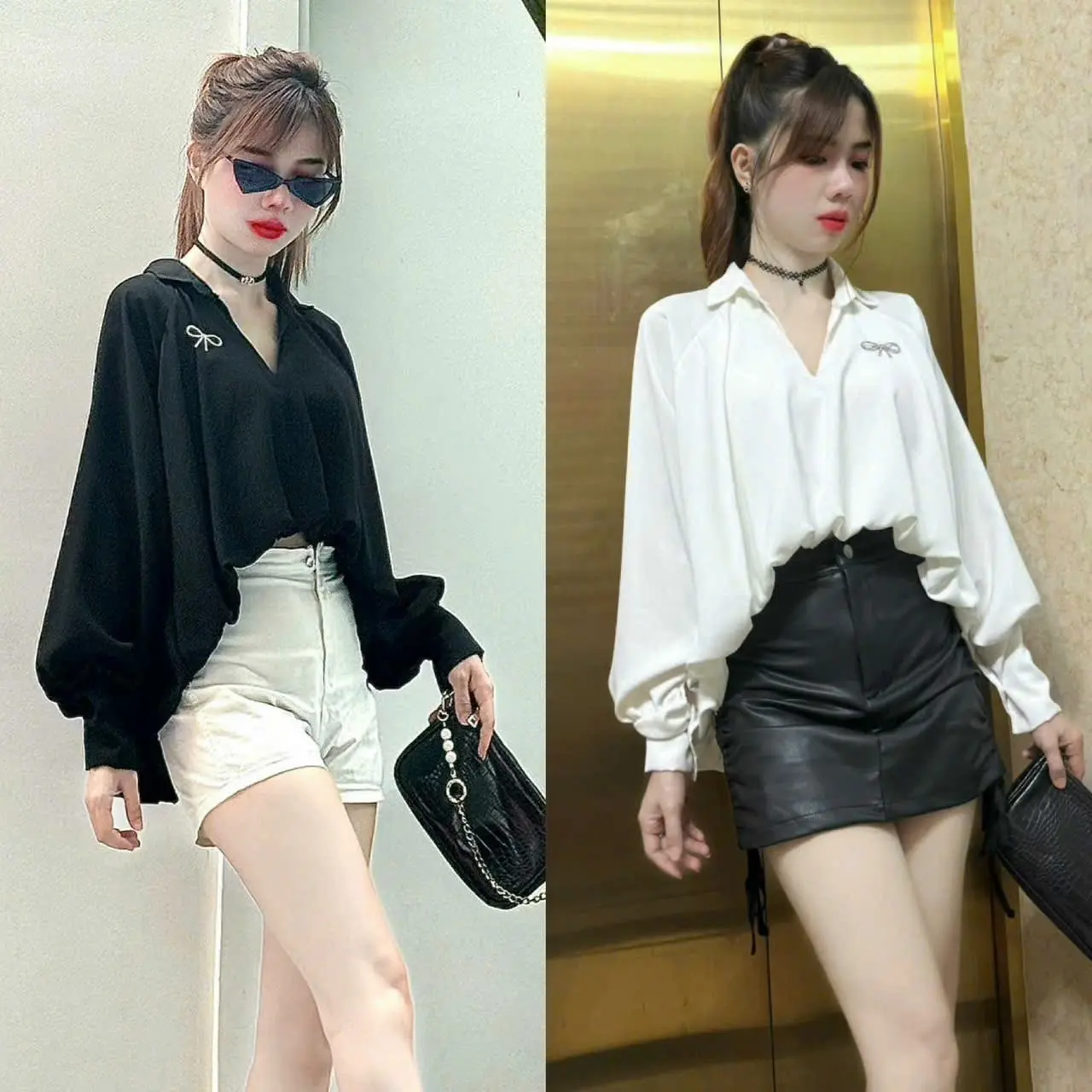 Áo somi nữ phom rộng voan cát mềm tay dài bồng
