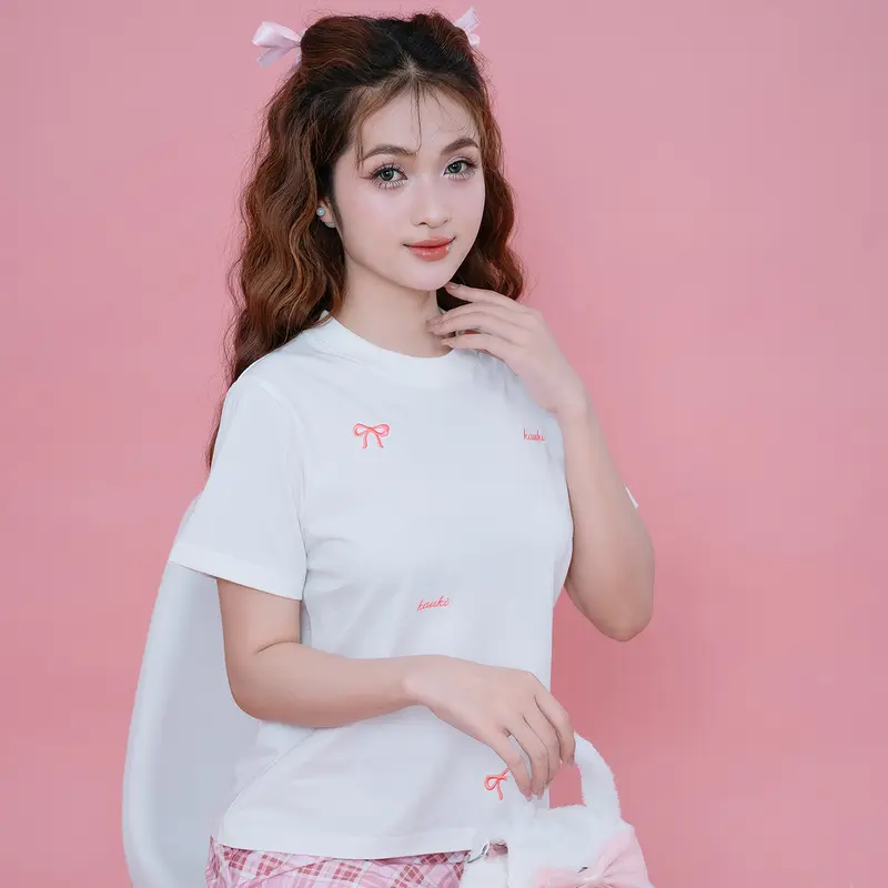 Áo thun Baby Tee Cotton Cổ Tròn Kauki Thêu Nơ Hồng Tay Ngắn 250gsm Nữ Top BBT5 Women 2