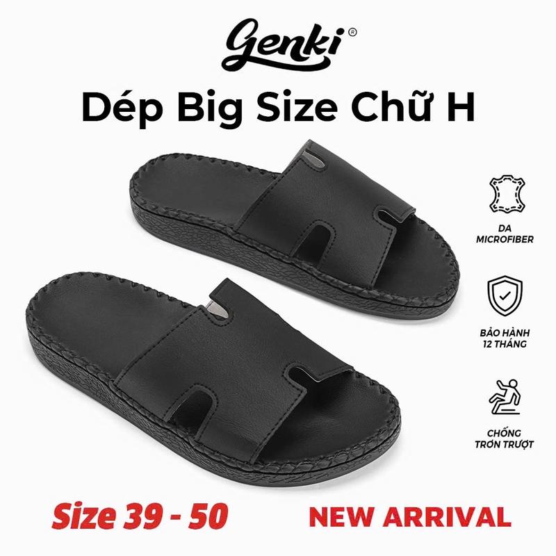 GENKI Dép Nam Chữ H Big Size Khâu Đế Màu Đen Đế Cao Su Chống Trơn Trượt Size 39-50 Da Microfiber Thời Trang