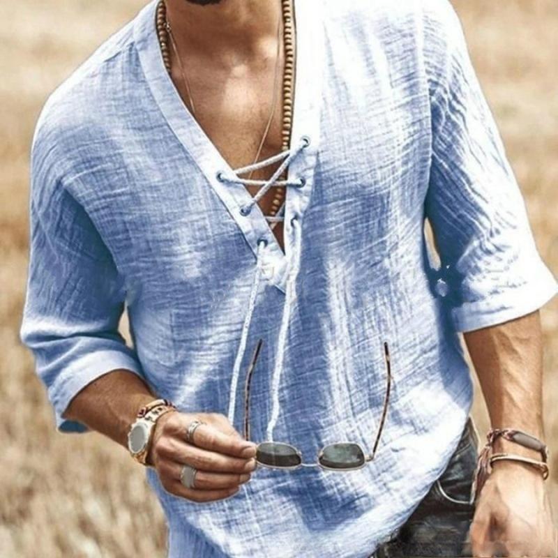 Bvbfzin Men V-neck Shirt Loose Fit Men Top Men's Lace-up V Neck Shirt Retro Style Mid Sleeves Loose Fit Top for Daily Wear in Asia 1
