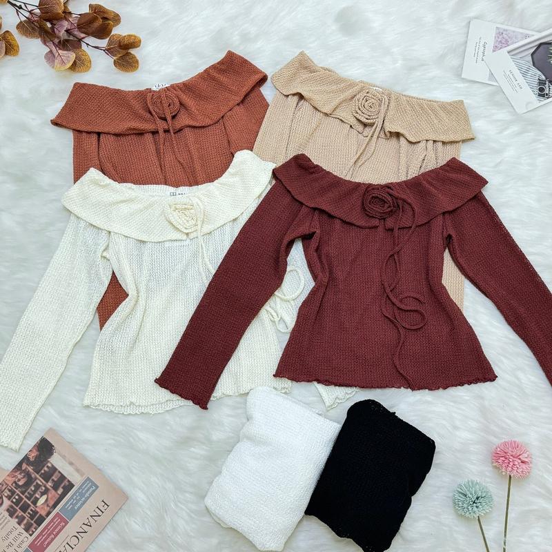 Áo ren lưới trễ vai ,áo cặp tay dài có bông cột dây giữ ngực chill, có đi kèm áo lót trong Women Nữ Kem Top