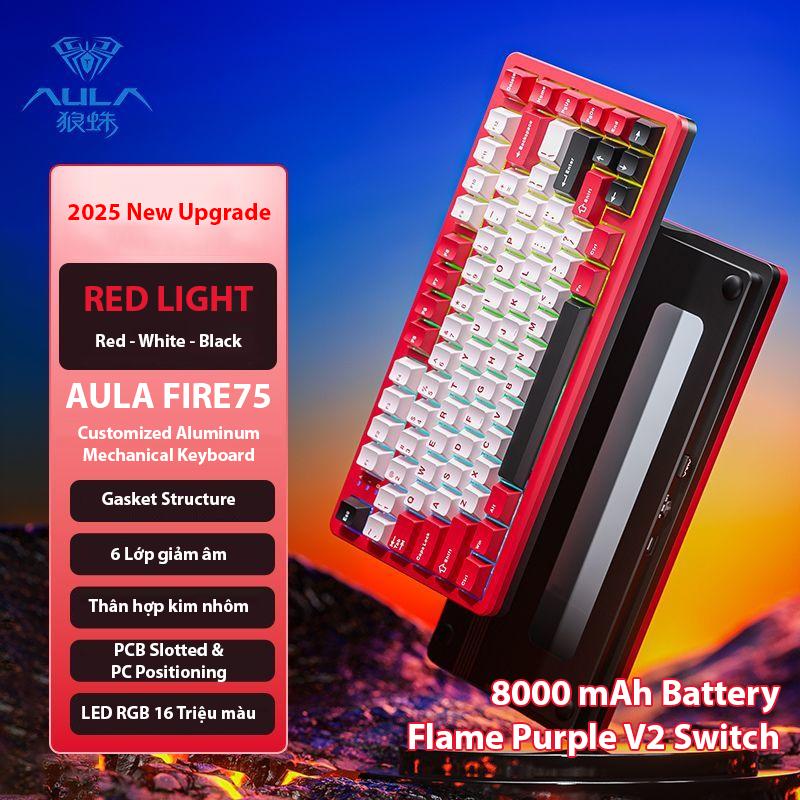 [AULA Fire75] Bàn phím cơ khung nhôm AULA Fire75 - 3 Mode kết nối - Núm xoay và key hotswap - Thân hợp kim nhôm - Pin 4000 / 8000 mAh-LED RGB 16 Triệu màu- BH 12 Tháng