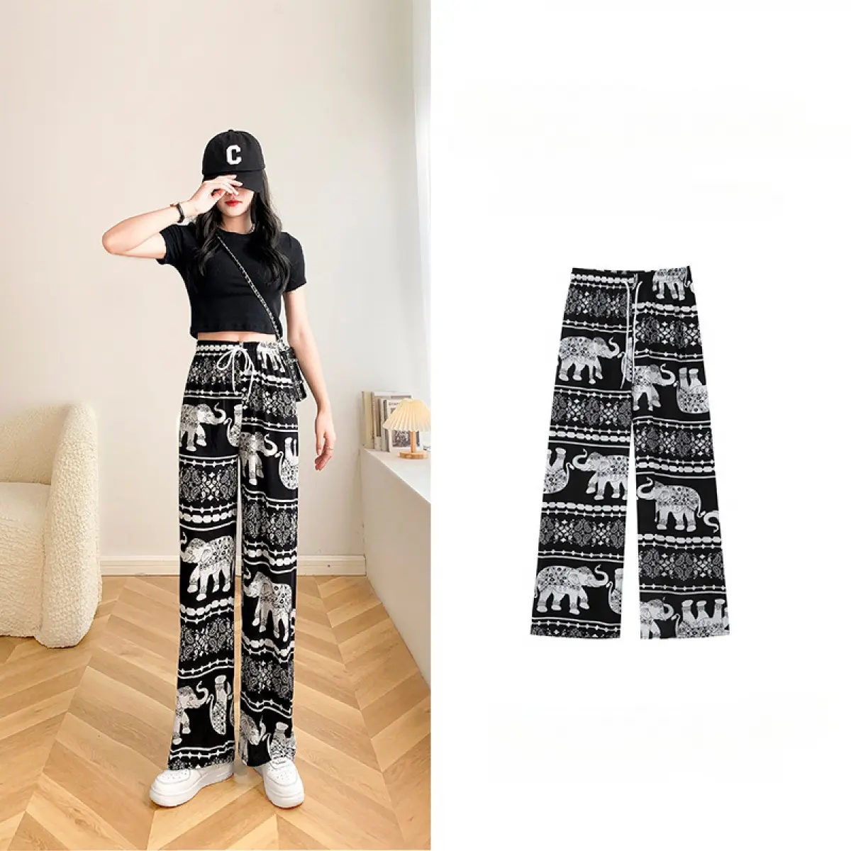 SS24 Summer New Women Yoga Pants Cartoon Elephant High Waist Wide Leg Pants Loose Beach Pants Outdoor Cool Thin Soprts Pants