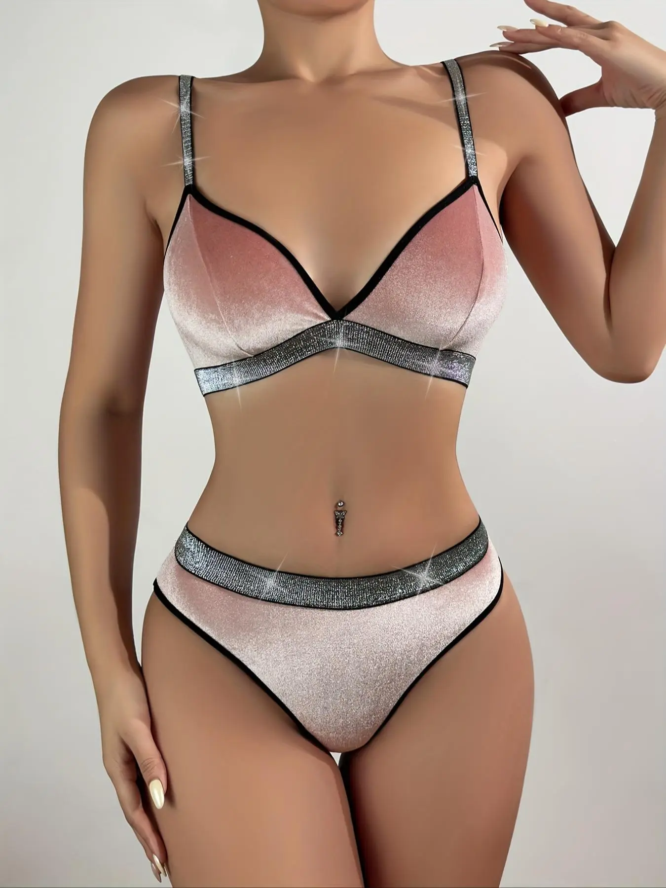 Women's Contrast Binding Wireless Bra & Panty Two-Piece Set, Velvet Bralette & Knicker, Soft Comfy Breathable Lingerie Set for Women