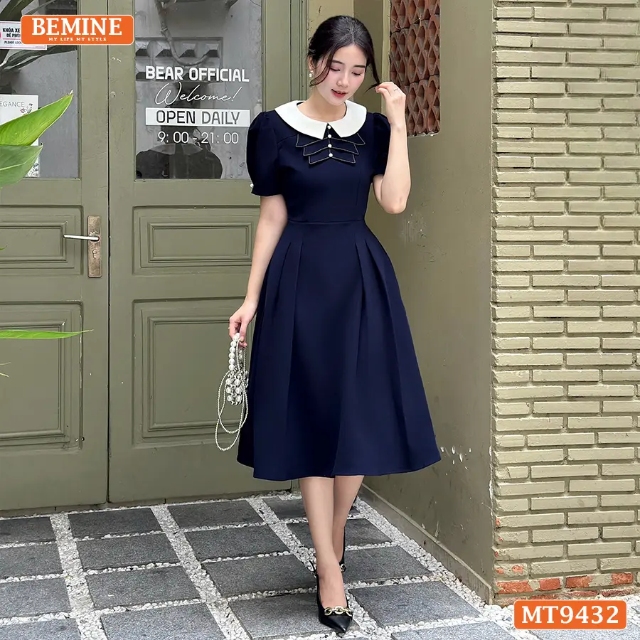 Đầm thiết kế BEMINE cổ sen đính nút tùng xòe dáng A phù hợp đi làm, đi chơi và đi tiệc dành cho Nữ MT9432