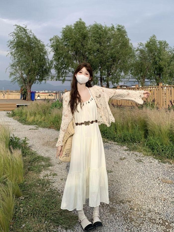 Product Introduction of Simia Hollow Suspender Dress Tassel Long Dress Two-piece Set Sunscreen Cardigan Mori 2