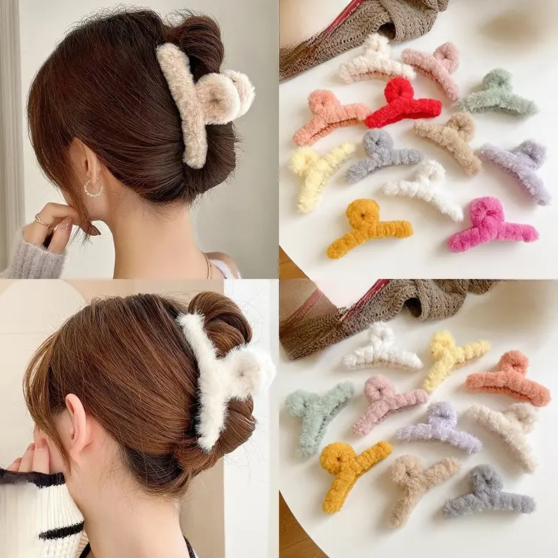 MSS (COD) Jedai Bulu Halus Motif Polos Jepit Rambut Gaya Korea Warna Soft Aksesoris Rambut Wanita Import Hadiah Clips 2