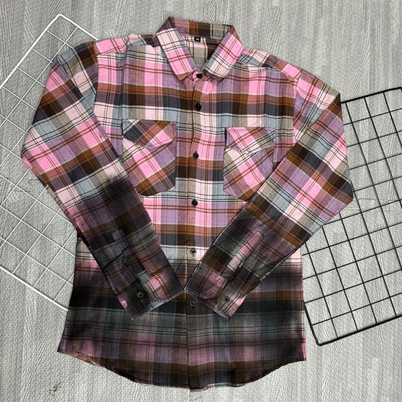Áo Sơ Mi Dài Tay, Họa Tiết Kẻ Ô, Cho Nam, Chất Vải Nỉ, Dày, MÀU HỒNG LOANG Menswear Shirt