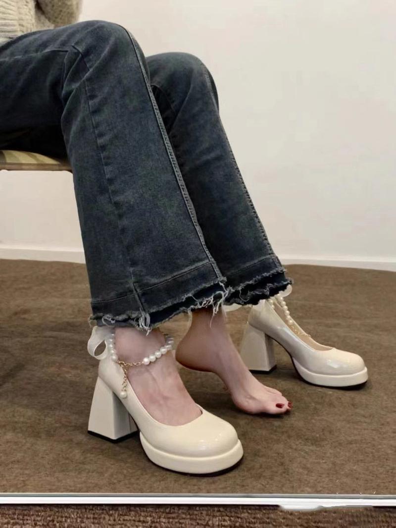 Product Introduction of Giày Da Nhỏ Cho Nữ, Phong Cách Mới, Giày Cưới Kiểu Pháp Màu Trắng Cổ Điển Gót Chunky Đế Dày, Mary Jane， Shoes 26