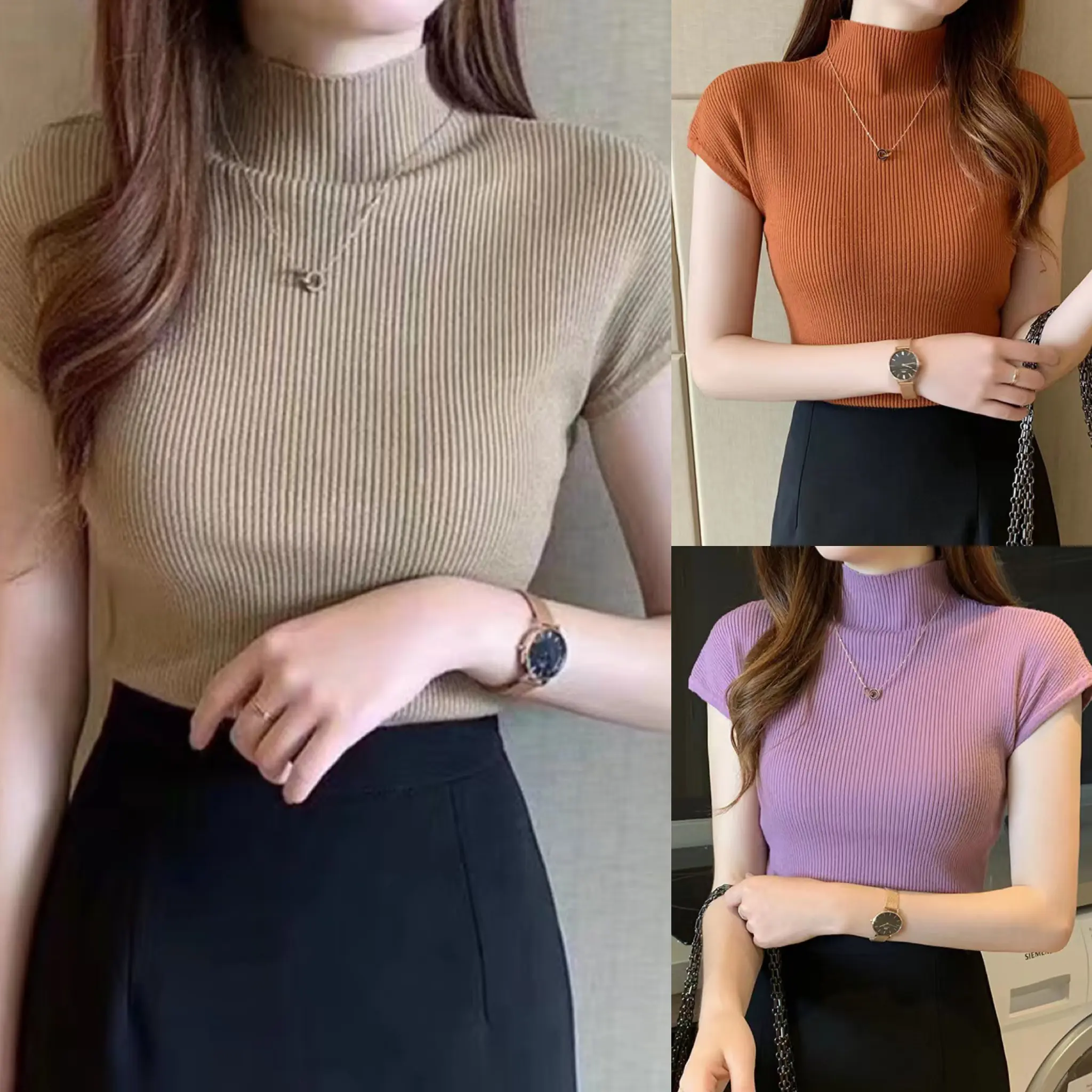 Lulu Fashion Semi Turtleneck Bottoming Eyelet Cap Sleeves Ribbed Basic Minimalist Soft Comfort Knitting Lady Korean Style Knitted Top Knitwear Womenswear Blouse #6105