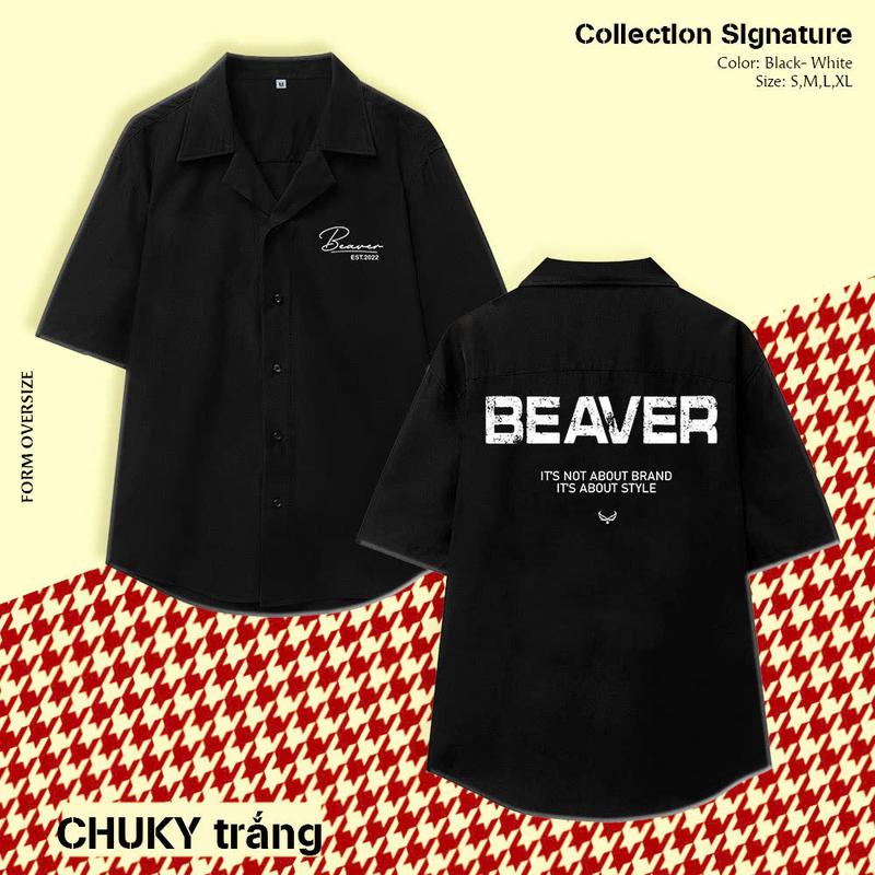  BST Áo sơ mi tay ngắn- CỔ VEST- họa tiết Beaver Tee 2025. Thời trang Nam và Nữ chất vải lụa chéo mát mẻ thấm hút mồ hôi. 