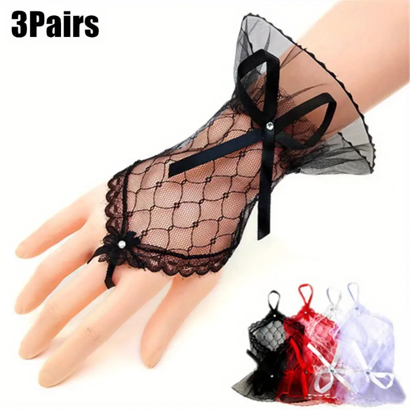 3Pairs Elegant Black Red White Breathable Mesh Fingerless Gloves - Lace with Bow & Ruffle Detail Perfect for Evening Parties, Weddings Dates 2