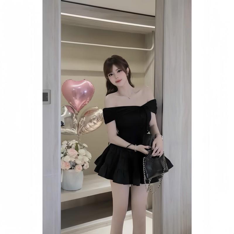Sét Váy Xinh Xắn Gồm Áo Trễ Vai Bo Tăm Thắt Nơ + Chân Váy 3 Tầng Có Quần Trong 5