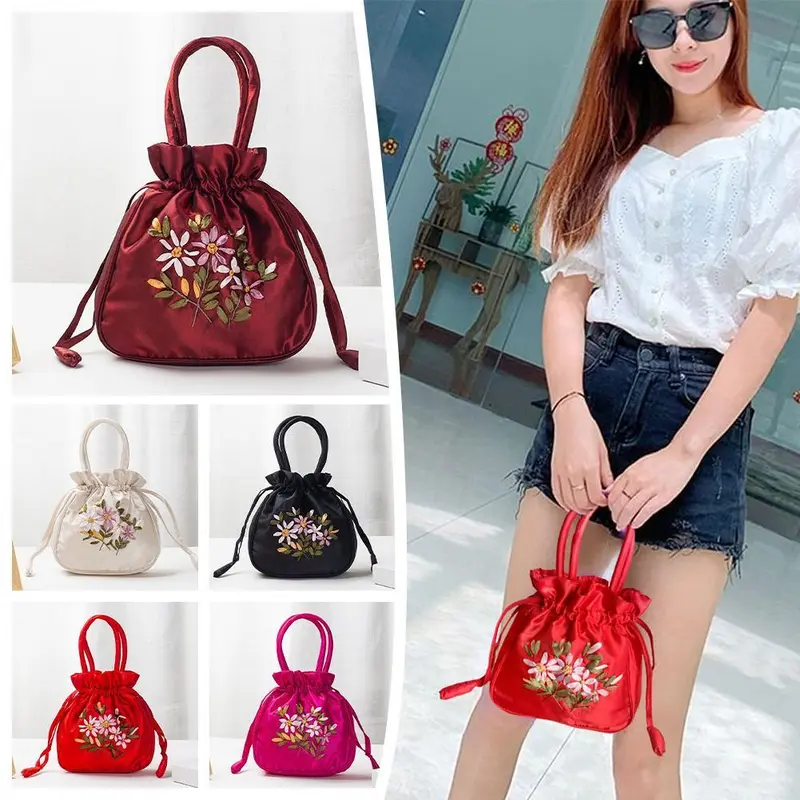 Túi Bucket Thêu Răng Cầm Tay, Thủ Công, Dây Rút Ruy Băng, Túi Hoa, M5A6, Đeo 1
