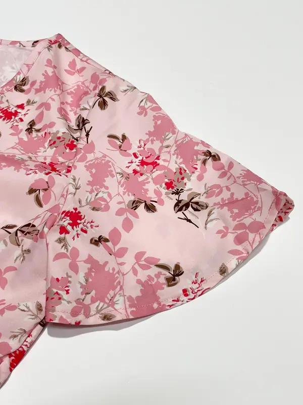 Women's Ditsy Floral Print Zipper Belted Dress, Elegant Short Sleeve V Neck  Dress for Summer, Ladies Clothes for Daily Wear 5