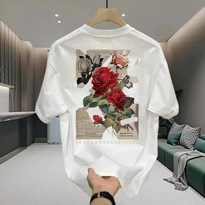 คอกลมแขนสั้นเสื้อยืดผู้ชายเทรนด์อังกฤษพิมพ์ฤดูร้อนด้านบนหลวมพร้อมขนาดเสื้อยืดผ้าฝ้ายพิมพ์เทรนด์แขนสั้น