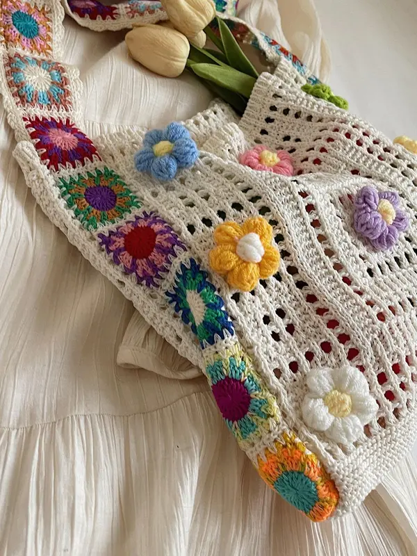 Women's Fashionable Ethnic Style Handbag, Large Capacity Shoulder Bag with Hollow-Out Knitted Design, Casual and Fashionable Crossbody Bag for Women 4