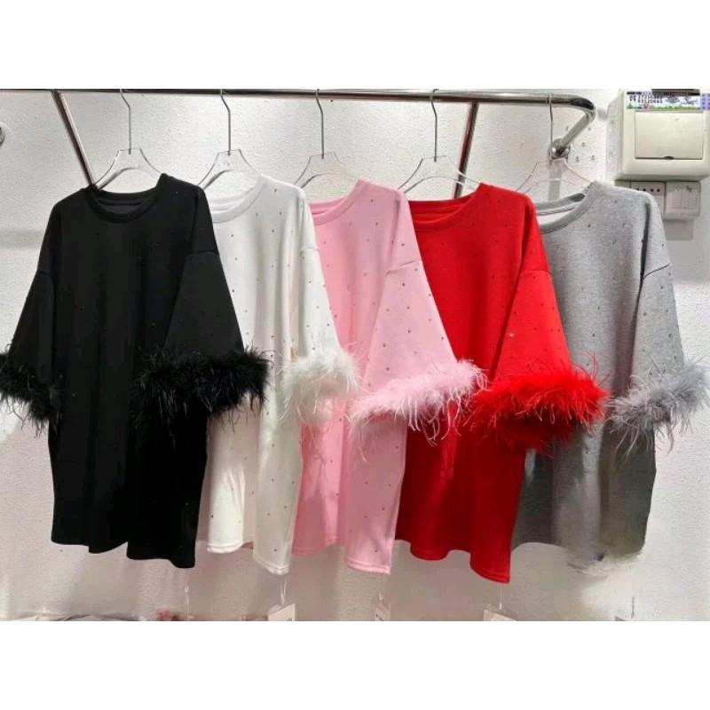 Váy suông_ gắn đá bling_ tay lông vũ_ vải mền qc Nữ Women Tim Nhung Trắng Top 0