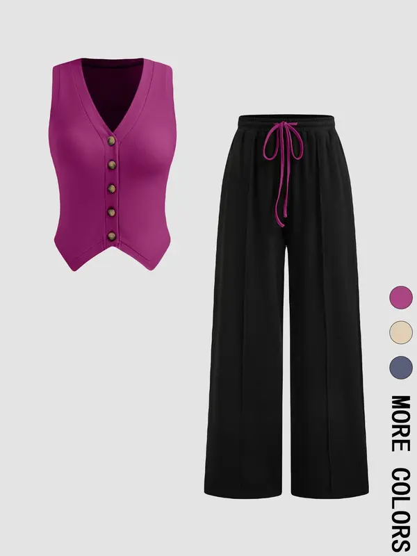 Women's Solid Color V Neck Button Front Tank Top & Tie Front Straight Leg Pants Two-piece Set, Casual Fashion Cozy Two Piece Outfits for Daily Outdoor Wear, Ladies Clothes for All Seasons 3