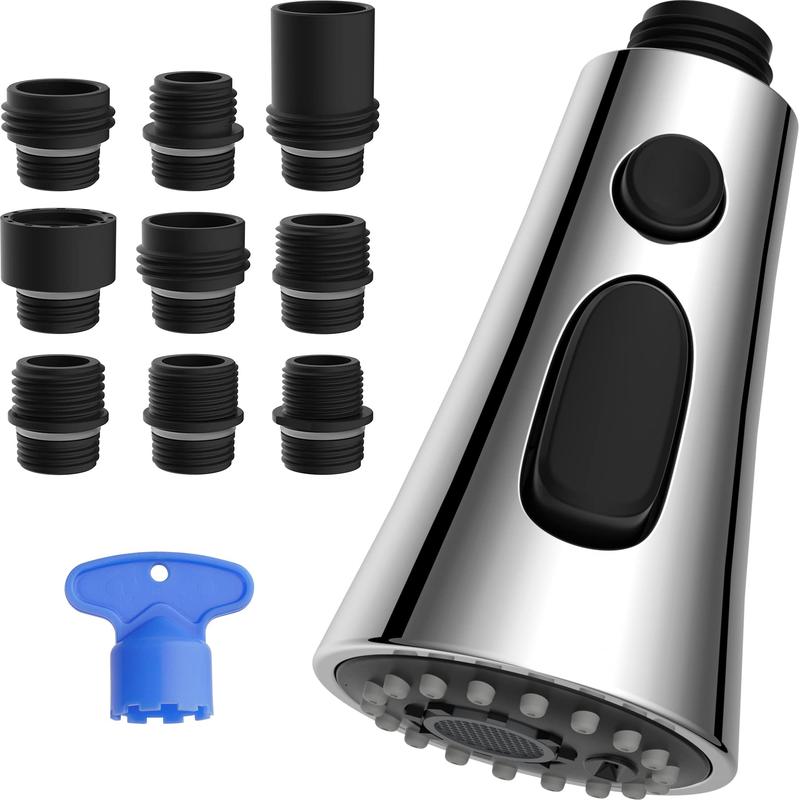 Pull Down Kitchen Faucet Head Replacement, 1 Count 3-Function Kitchen Faucet Head Sink Spray Nozzle with 9 Adapters, Kitchen Fixtures Compatible with Moen, American Standard, Delta, Kohler Faucets 4