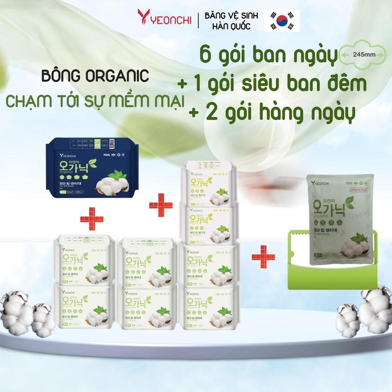Combo 10 gói Băng vệ sinh Yeonchi Organic Hàn Quốc mặt bông hữu cơ bảo vệ cả tháng (6 ban ngày có cánh và 1 ban đêm 350mm và 2 gói hàng ngày tặng kèm 1 gói dùng thử