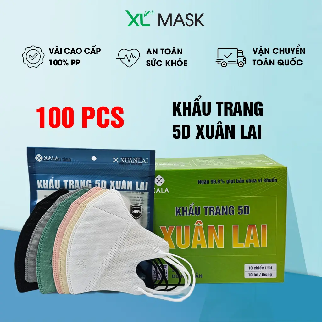 Thùng 100 chiếc khẩu trang 5D Xuân Lai XLMASK cho Nam/ Nữ
