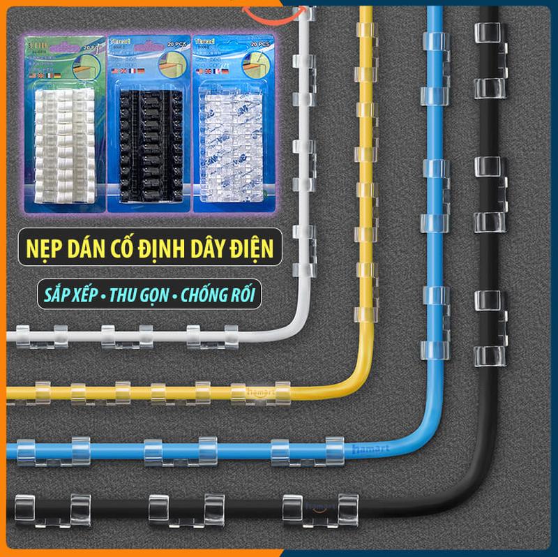 Bộ 20 Miếng Dán Tường Nẹp Dây Mạng Dây Điện- Kẹp Cố Định Nút Giữ Dây Điện Treo Tường