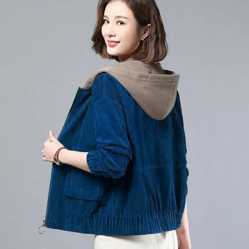 เสื้อแจ็คเก็ตสตรีแขนยาวเย็บปะติดปะต่อกัน ขนาดใหญ่ หลวม มีฮู้ด ลำลอง