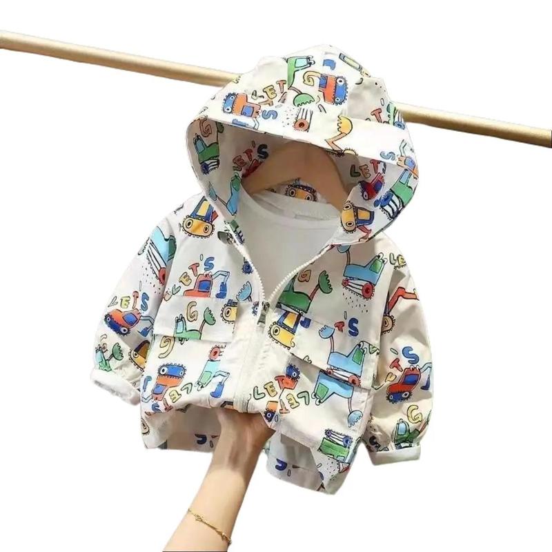 Áo khoác gió cho bé, áo lót lông in hình máy múc ấm áp cho bé trai bé gái từ 10 đến 28kg aogio