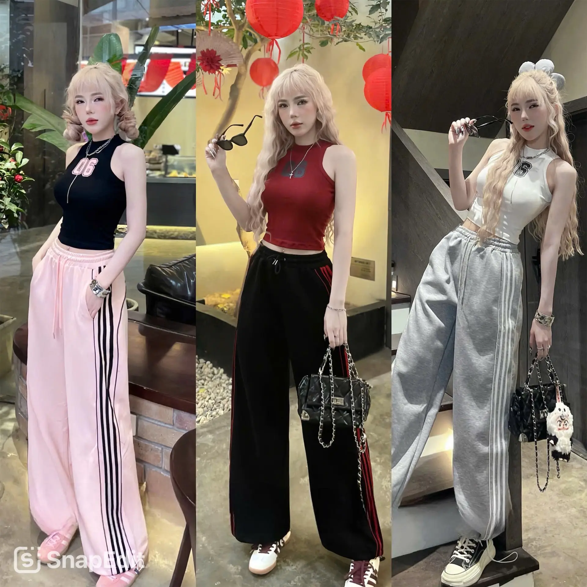 Set thể thao áo body balo mix quần ống rộng sọc viền xinh xắn