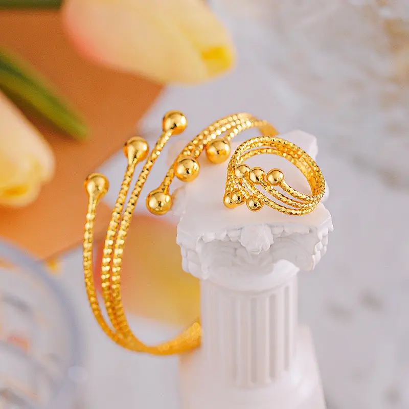 Light Luxury High-Grade French Style Personalized Multi-Circle Simple Phoenix Tail Bracelet & Ring Set Alluvial Gold Gold Plated Color Retaining Jewelry