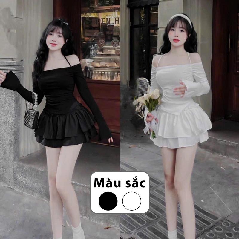 Set áo trễ vai tay dài tà xéo và chân váy tầng. Women Thun Nữ Top Kem Voi