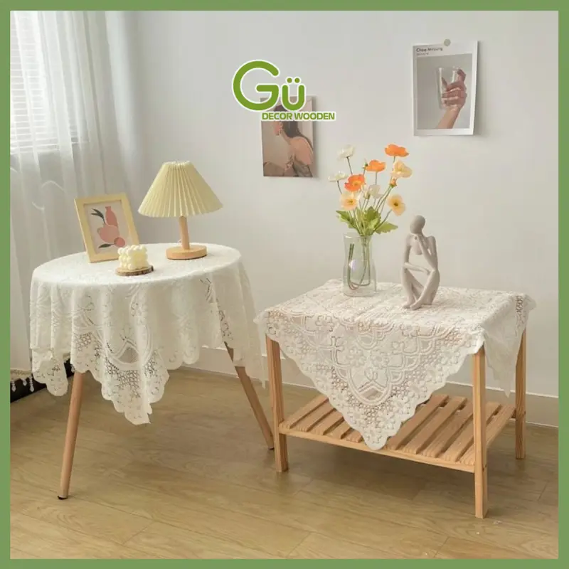 Khăn trải bàn màu trắng phối ren, dùng cho bàn tròn, bàn vuông, decor vintage , trang trí nhà 0