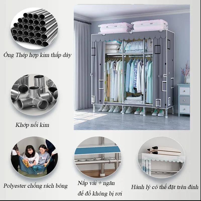 Product Introduction of Tủ Quần Áo Tủ Vải Khung Thép Chốt Thép 5 Buồng 10 Ngăn Cỡ Lớn 250Cm khung thép cỡ lớn treo quần áo gấp gọn thoải mái 32