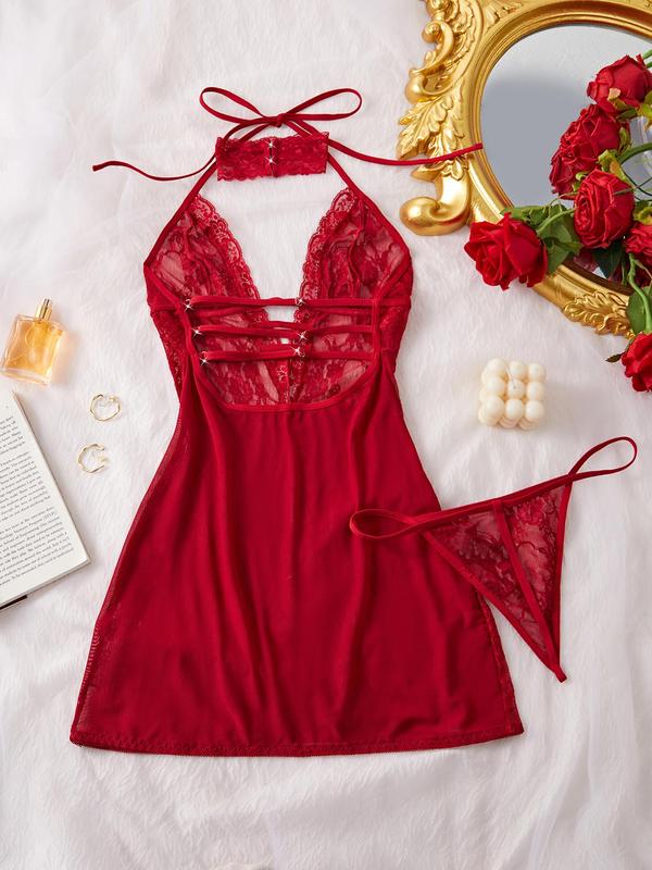 Women's Solid Color Lace  Halter Neck Nightdress & Thong Sexy Sleepwear Set, Sexy Fashion  Tie Back Backless Sleeveless  Nightgown & Panty Set, Women's Sleepwear for All Seasons 5